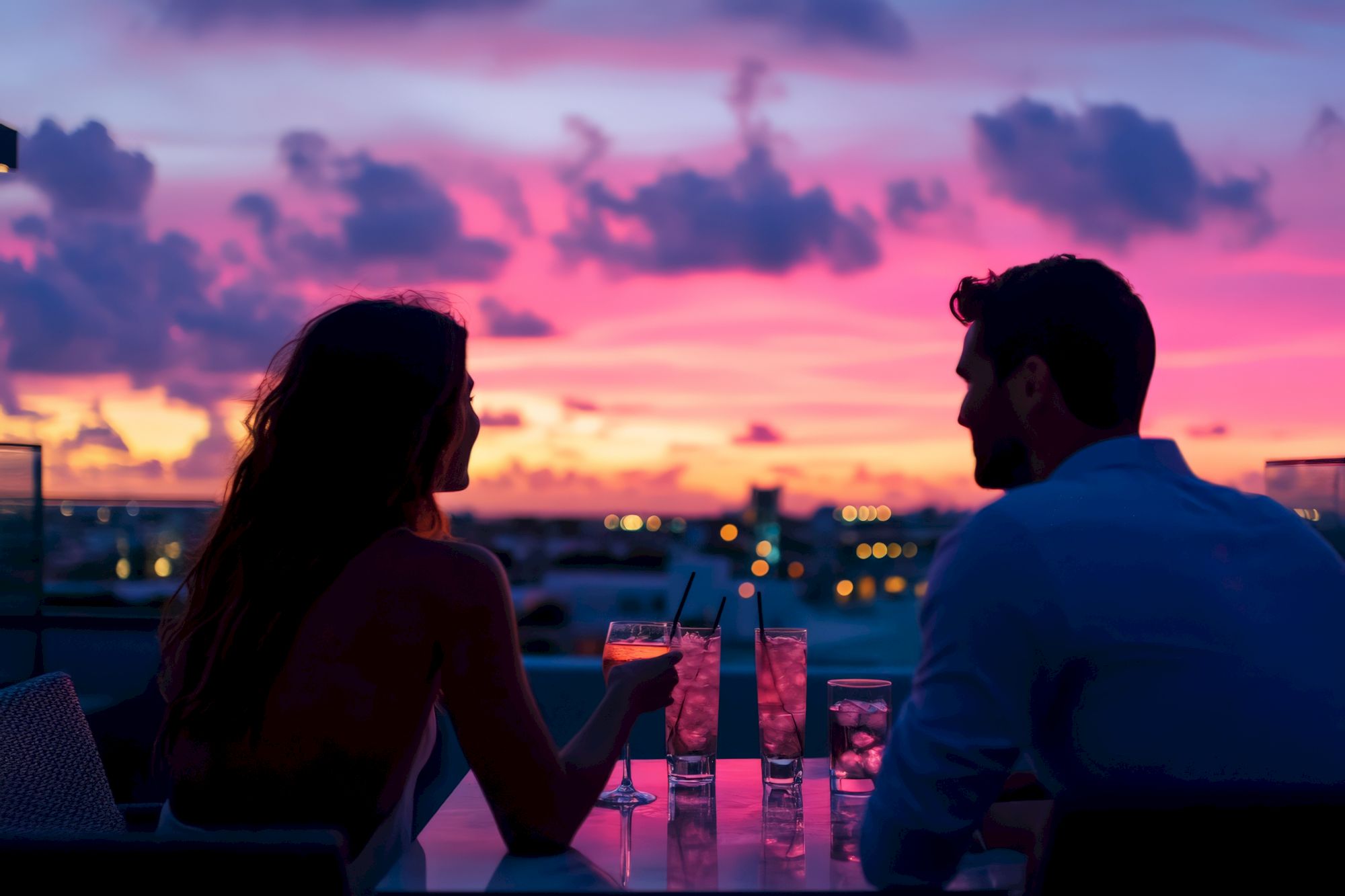 A couple enjoys drinks at a rooftop bar during sunset, with a vibrant pink and purple sky in the background.