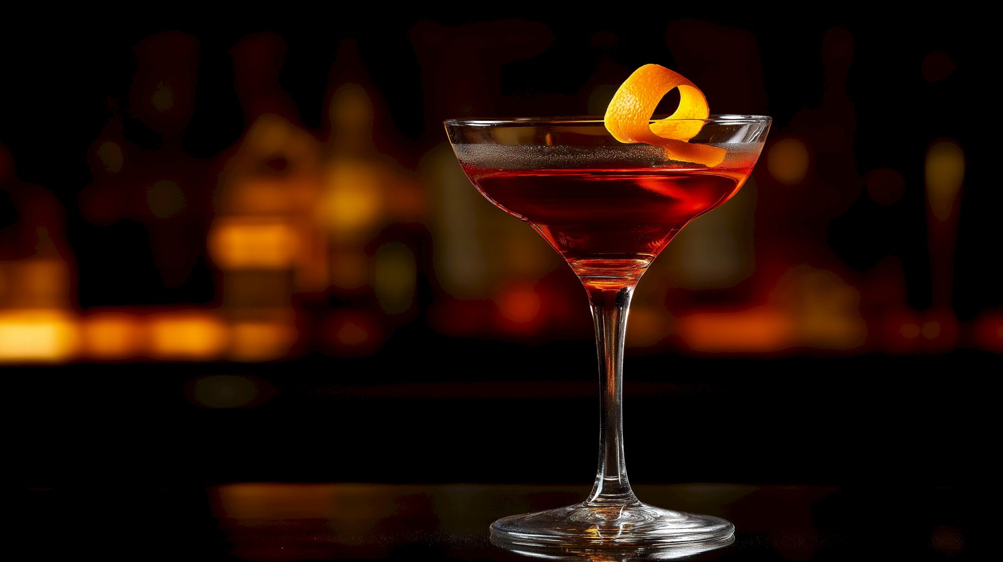 A cocktail in a martini glass with an orange peel garnish sits on a dark bar counter against a blurred background.