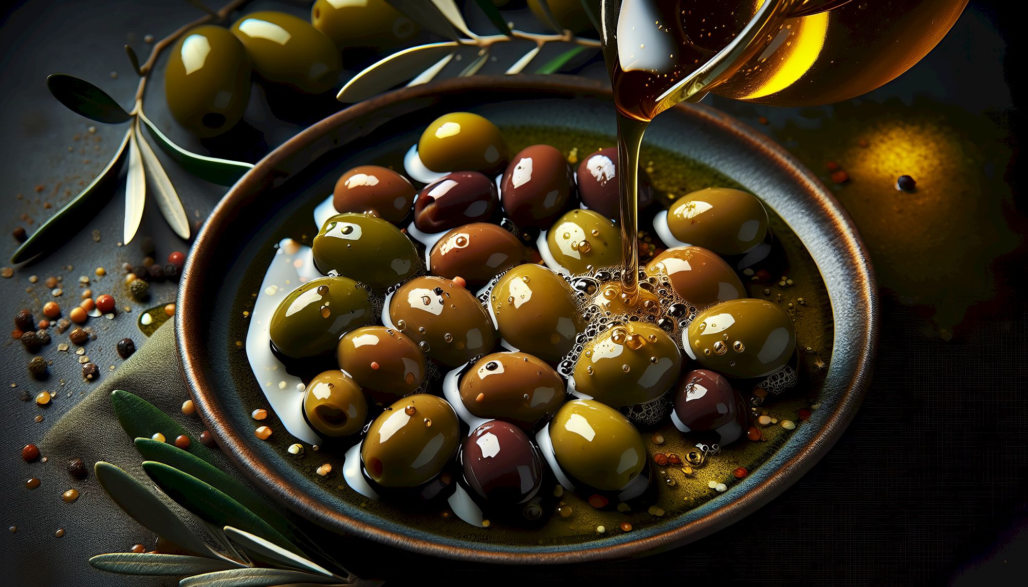 A bowl of mixed olives is being drizzled with olive oil, surrounded by olive branches and spices on a dark surface.