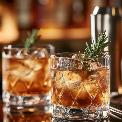 Two glasses of amber cocktails with ice and rosemary garnish, set on a bar with metal shakers in the background.