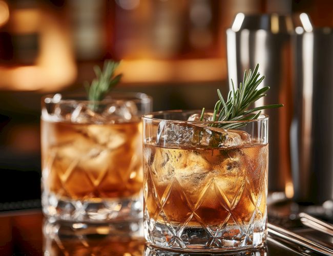 Two glasses of amber cocktails with ice and rosemary garnish, set on a bar with metal shakers in the background.