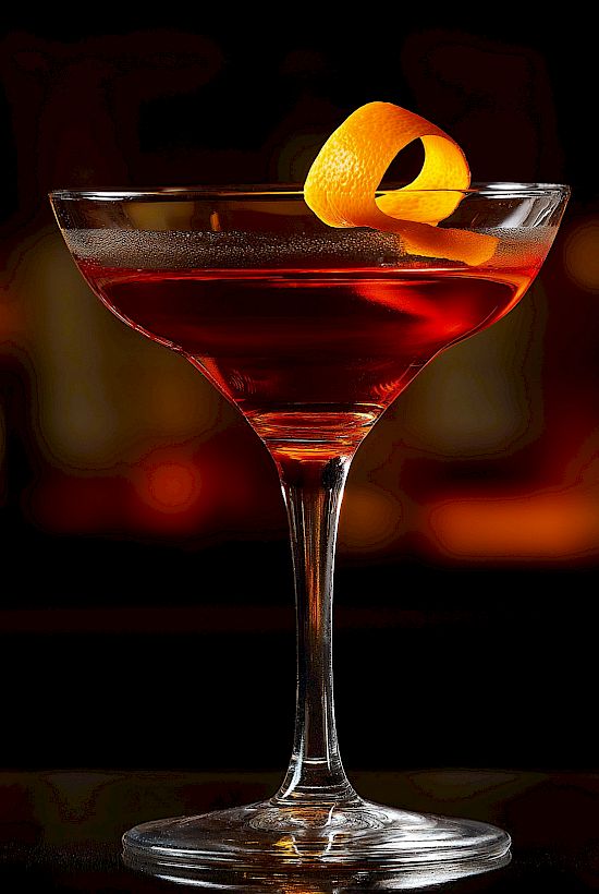 A cocktail in a martini glass, garnished with a twist of orange peel, set against a blurred, dimly lit bar background.