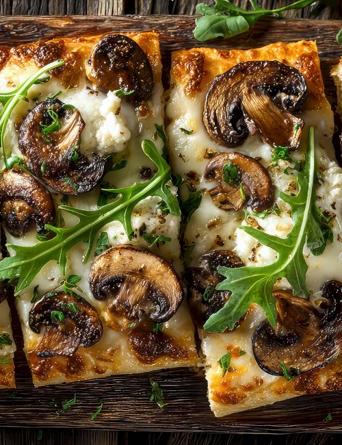 A sliced rectangular pizza topped with mushrooms, cheese, and arugula on a wooden board.