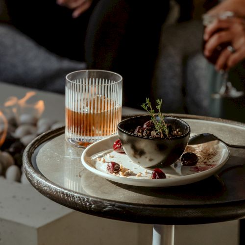 Chocolate Pot de Creme, cocktail, whiskey, and fireplace