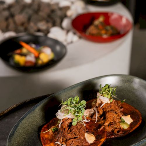 A plate of braised meat in rich red sauce topped with microgreens and onions, with other savory dishes blurred behind.