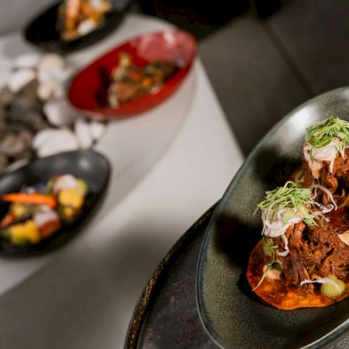 A plated entr&eacute;e with shredded meat on a bread base, garnished with herbs, with other side dishes in the background.