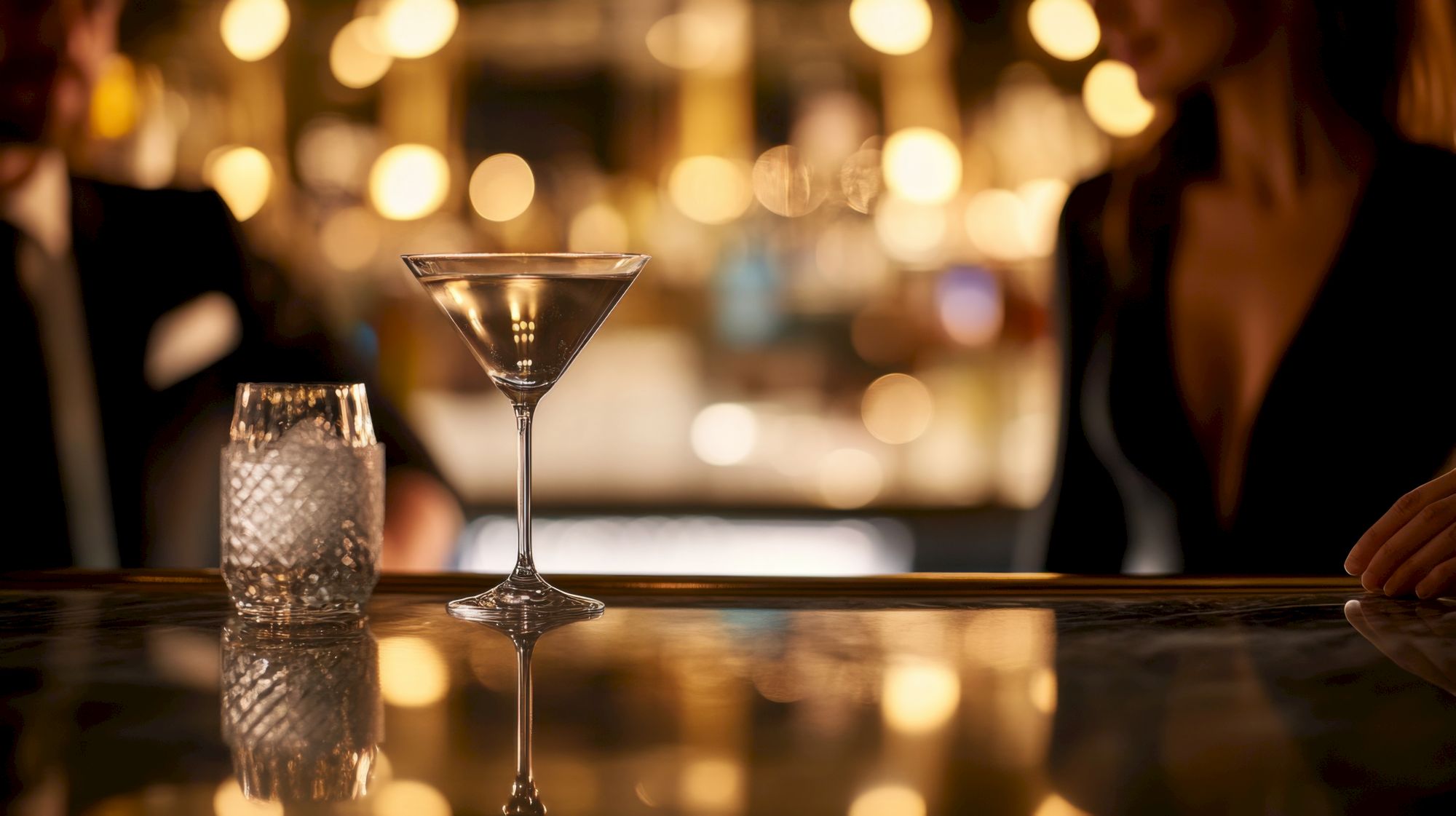 Two people at a bar with a cocktail and a glass of ice on the counter, surrounded by warm, blurred lights.
